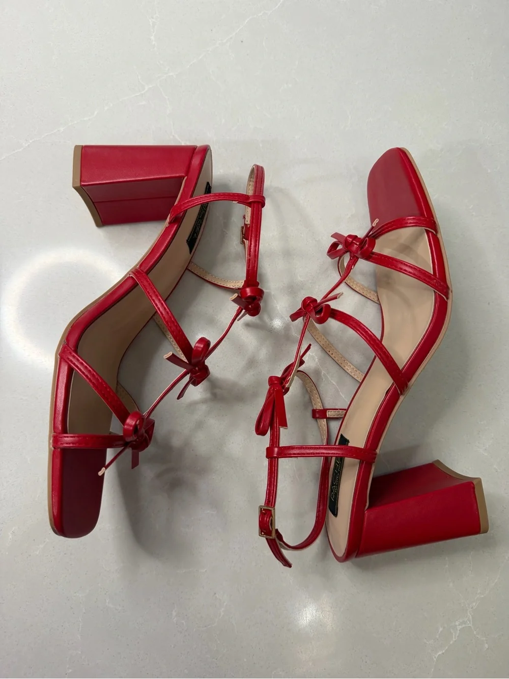 RACHEL Rachel Roy Cologne Bow Block Heel Sandals Red Defect on Heel, Size 9